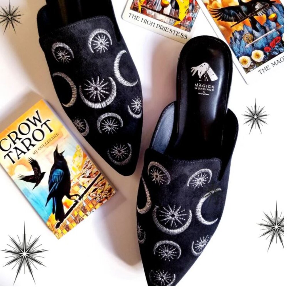 Embroidered Hecate Triple Moon + Star Mules Magick Workings by Witchymade